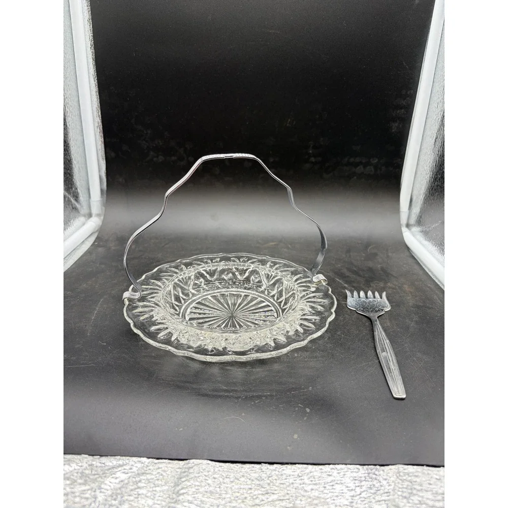 Vintage Pressed Glass Relish Dish with Chrome Handle and‎ Serving Fork Set